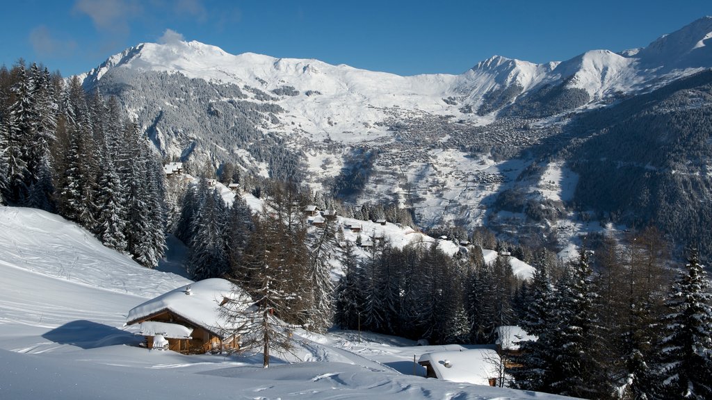 Verbier ofreciendo montañas, bosques y una casa