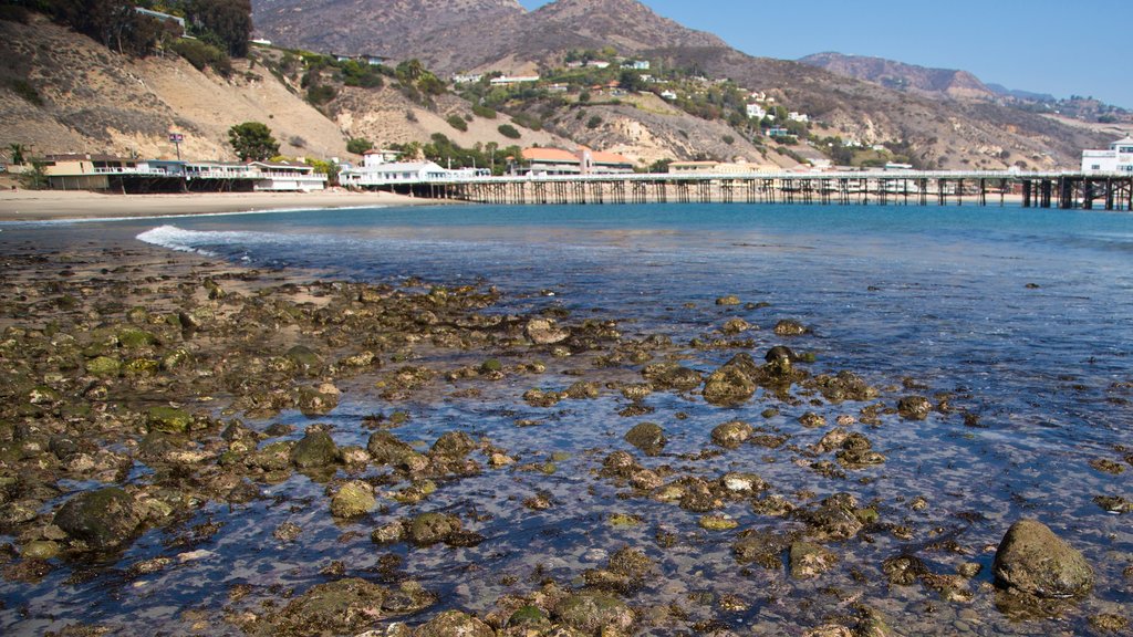 Malibú que incluye una playa de guijarros, vistas generales de la costa y una ciudad costera