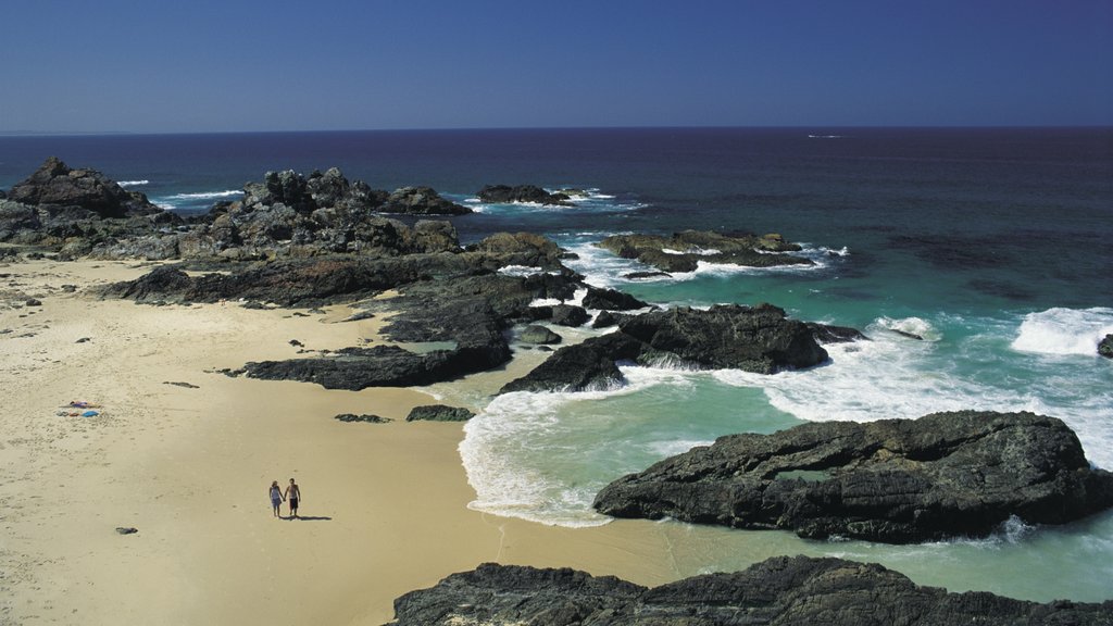 Forster which includes a sandy beach, rocky coastline and general coastal views