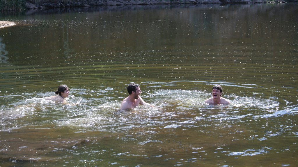 Uluru showing a river or creek and swimming as well as a small group of people