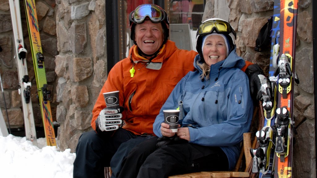 Golden mostrando ski en la nieve y nieve y también una pareja