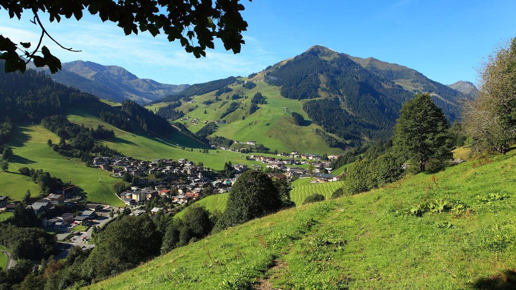 Estação de Esqui de Saalbach-Hinterglemm que inclui uma cidade pequena ou vila e montanhas