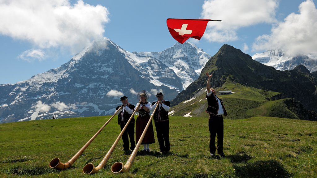 Lauterbrunnen featuring a festival and music as well as a small group of people