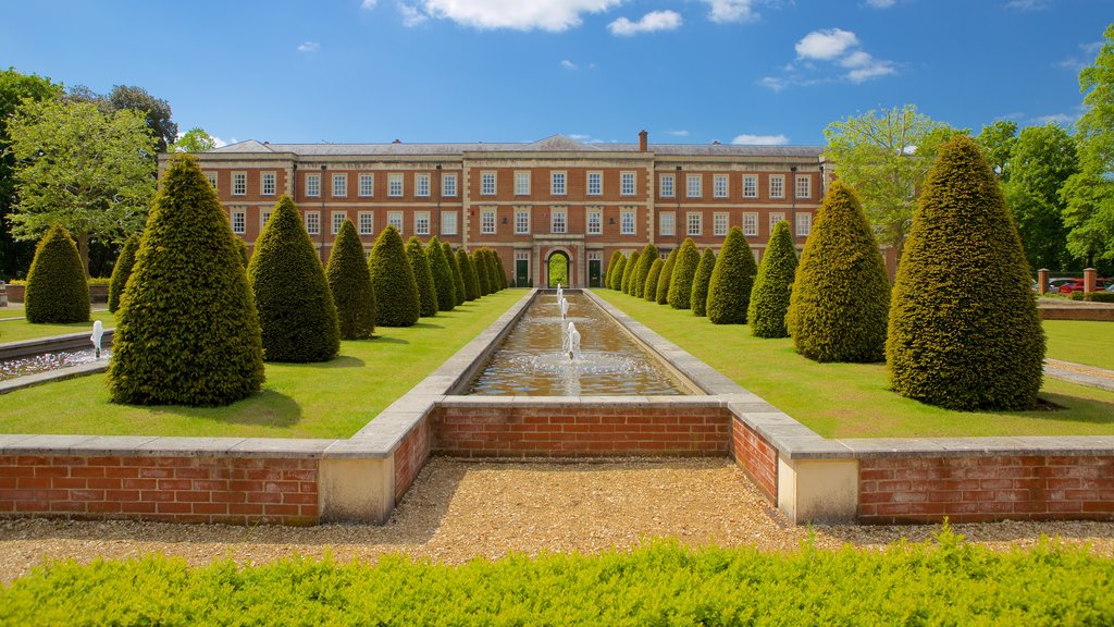 Winchester featuring a fountain, a garden and heritage architecture