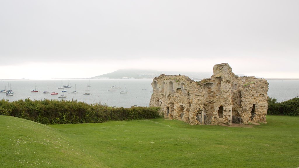 Sandsfoot Castle showing building ruins, heritage architecture and mist or fog