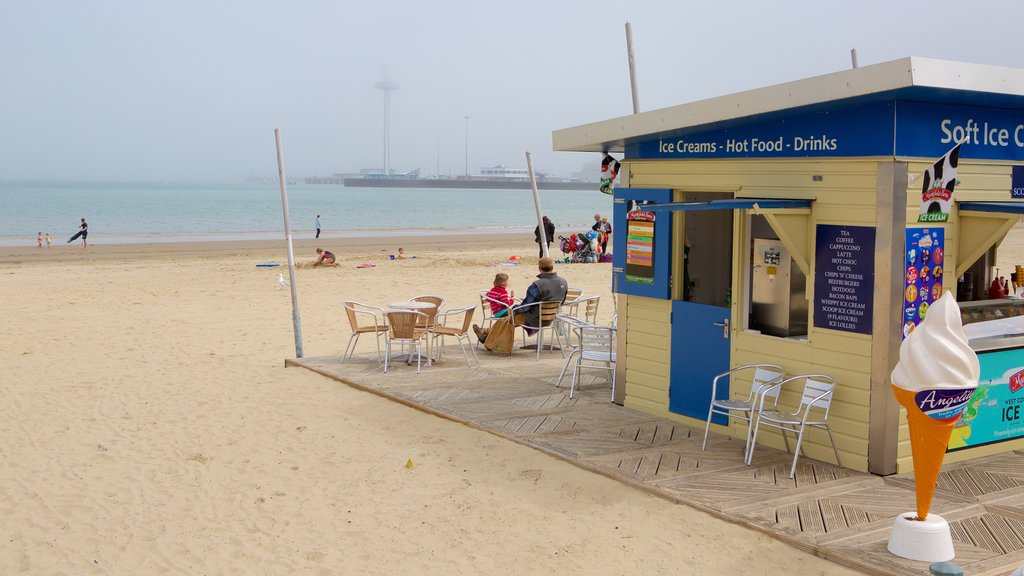 Weymouth Beach showing outdoor eating and a sandy beach