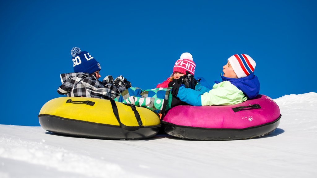 Estação de esqui de Big White mostrando neve e snowtubing assim como crianças