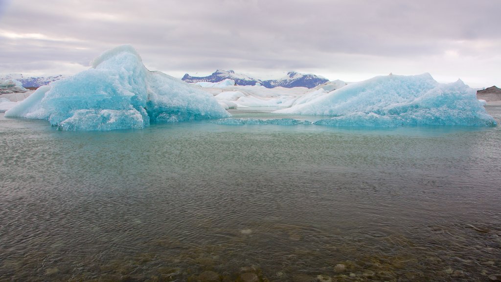 Jokulsarlon-Lagune welches beinhaltet allgemeine Küstenansicht und Schnee