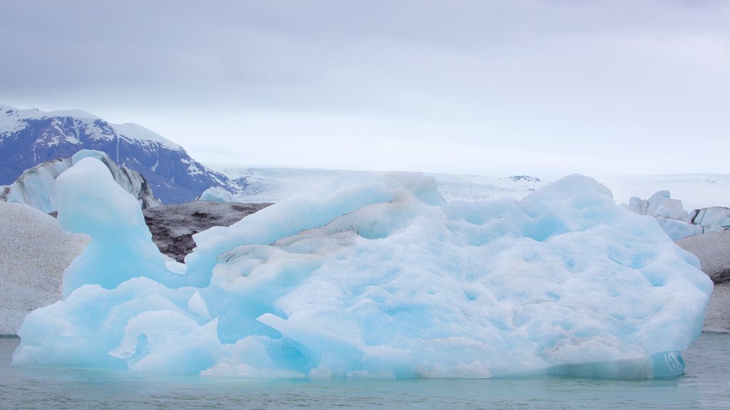 Jokulsarlon Lagoon which includes general coastal views and snow