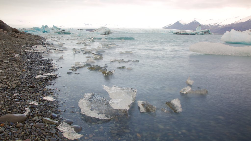 Jokulsarlon-Lagune das einen Steinstrand und Schnee