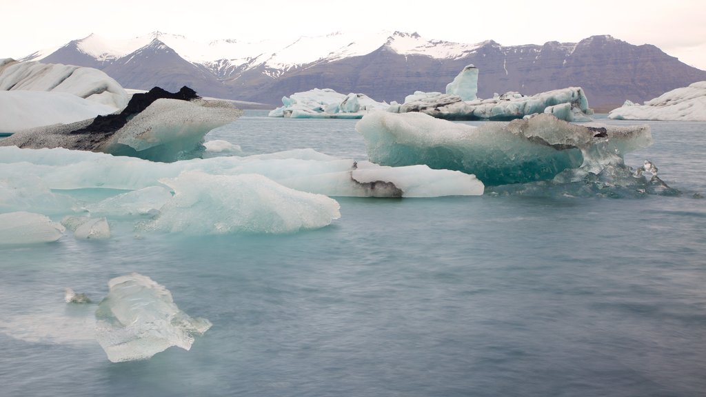 Jökulsárlón johon kuuluu lunta ja yleiset rantanäkymät