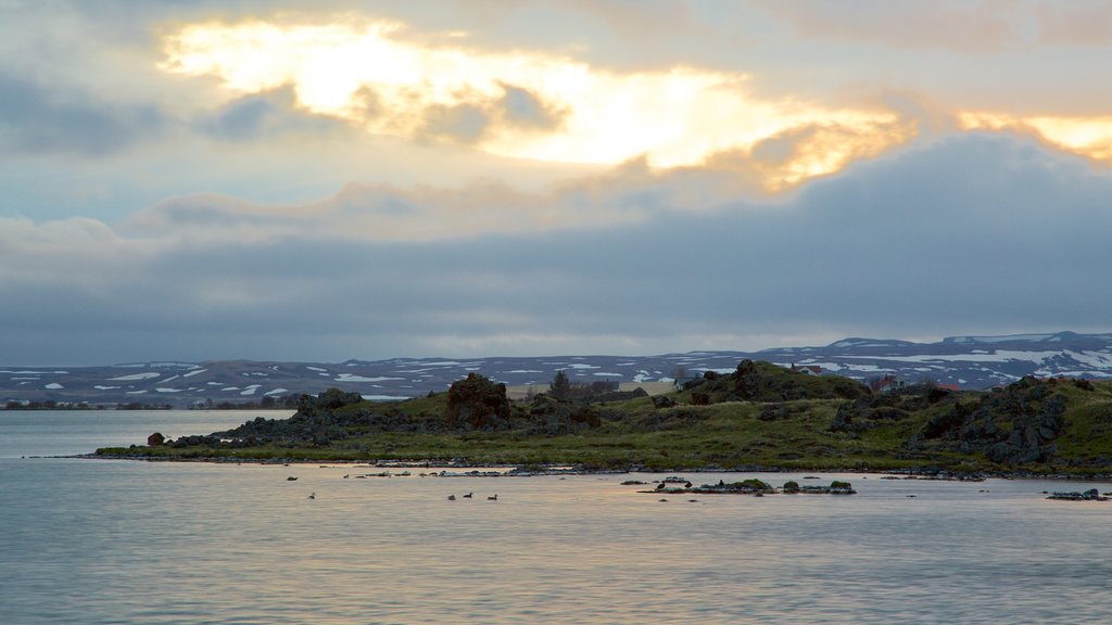 Myvatn showing a lake or waterhole and a sunset