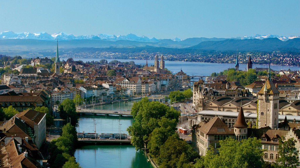 Lago de Zúrich mostrando un río o arroyo y una ciudad