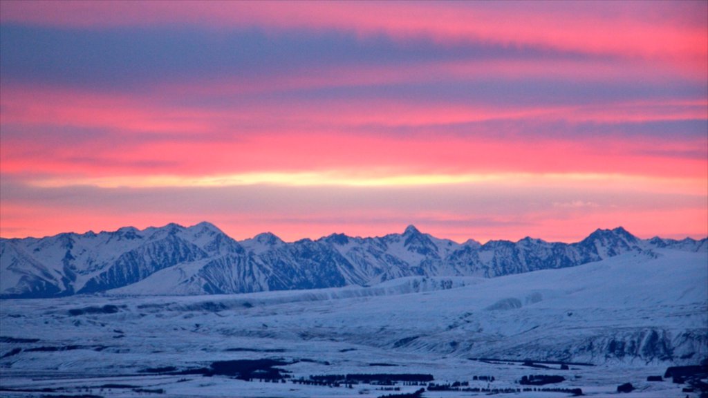 Roundhill Ski Area which includes a sunset and snow