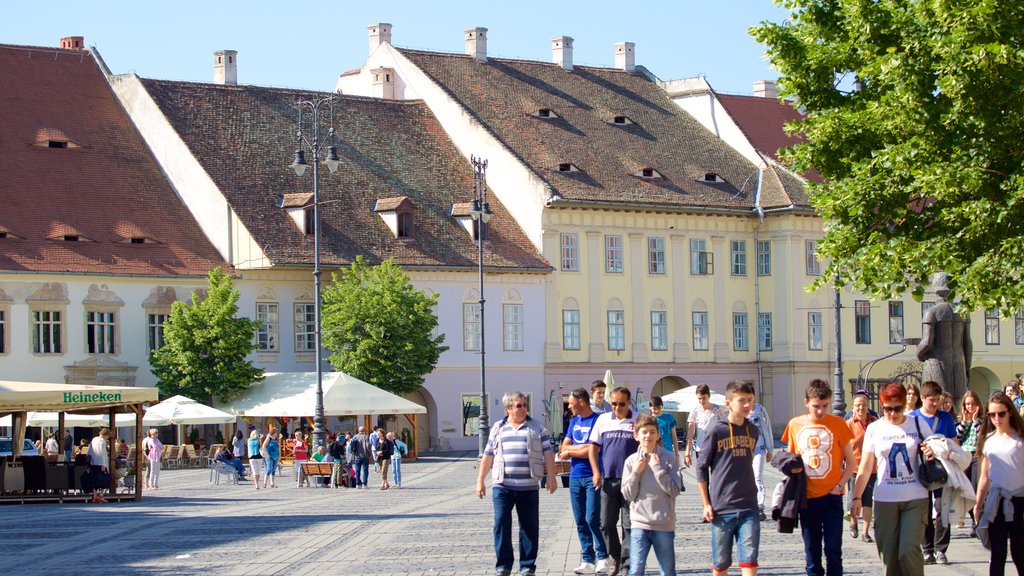 Piata Mare showing heritage architecture as well as a large group of people