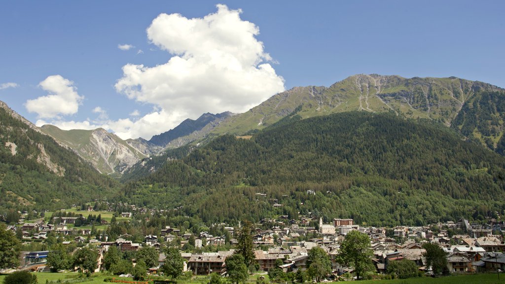 Courmayeur which includes a small town or village and mountains