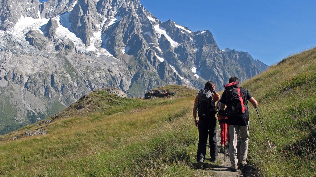 Courmayeur which includes hiking or walking and mountains as well as a small group of people