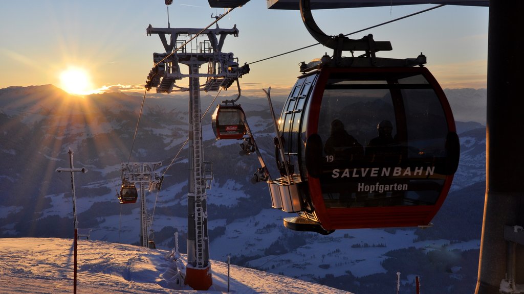 Hopfgarten im Brixental featuring snow, a gondola and a sunset