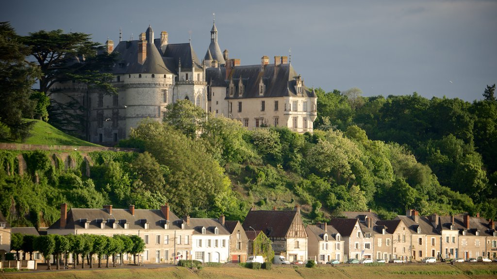 Chateau de Chaumont ofreciendo castillo o palacio, una pequeña ciudad o pueblo y escenas tranquilas