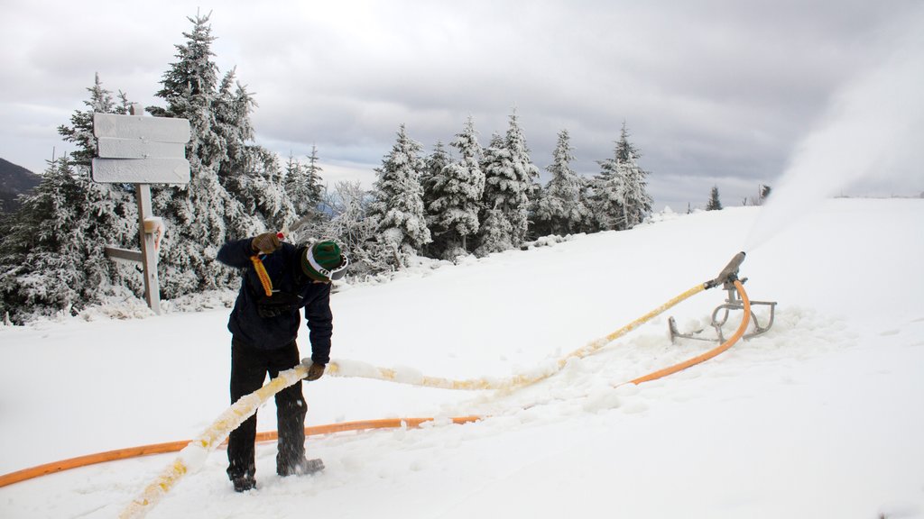 Whiteface Mountain som visar snö såväl som en man