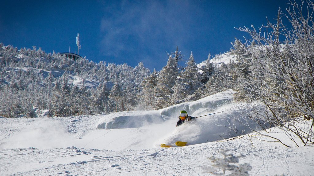 Whiteface Mountain showing snow and snow skiing as well as an individual male