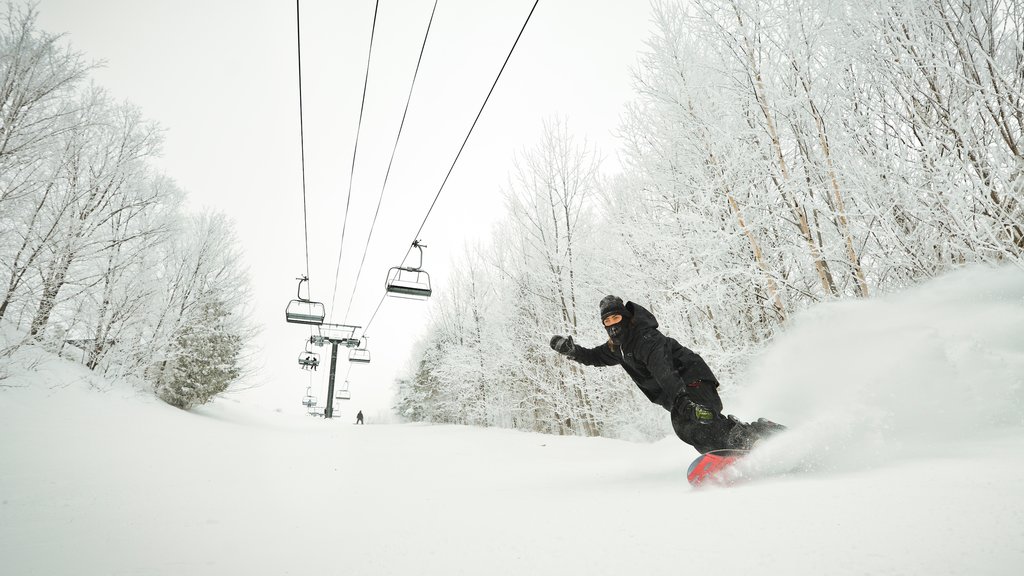 Whiteface Mountain showing a gondola, snowboarding and snow