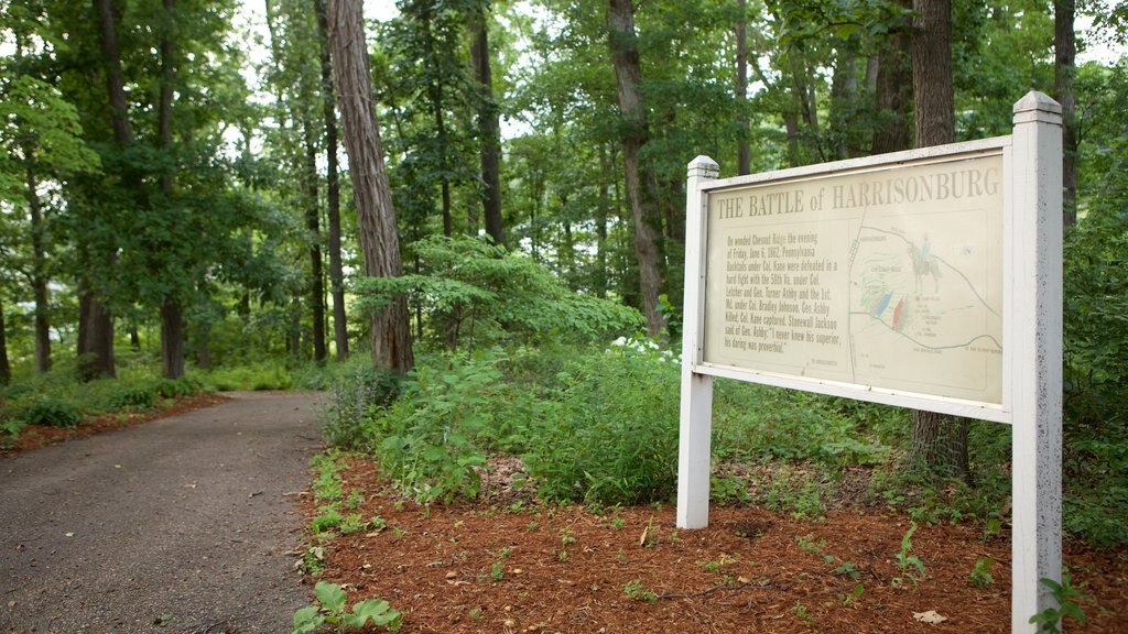 Harrisonburg mostrando sinalização e um jardim