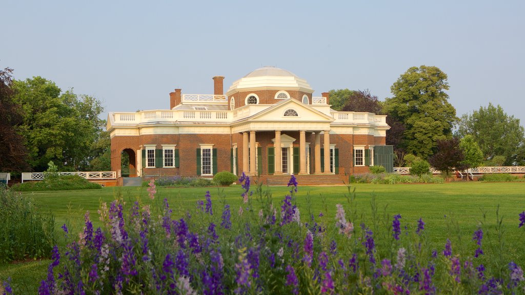 Monticello featuring heritage architecture, flowers and a memorial