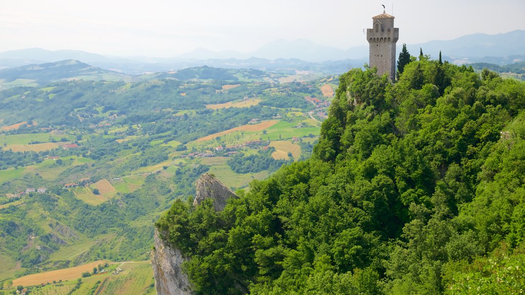 Montale Tower showing a castle, tranquil scenes and mountains