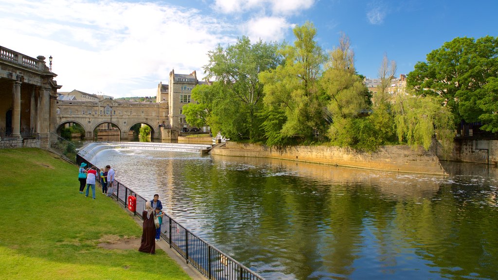 Pulteney Bridge showing a river or creek, a park and heritage architecture