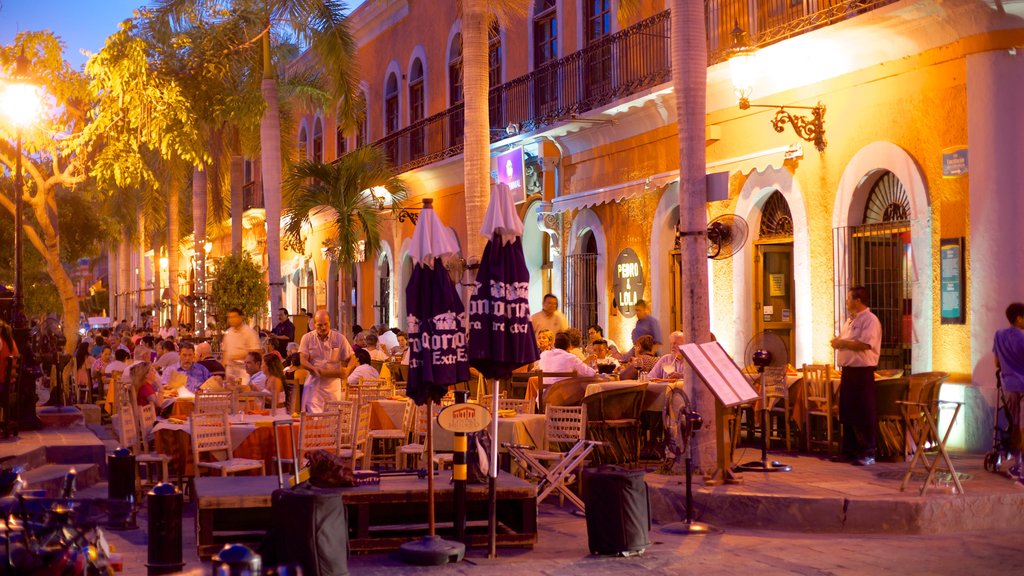 Plaza Machado ofreciendo escenas de noche, vida nocturna y comidas al aire libre