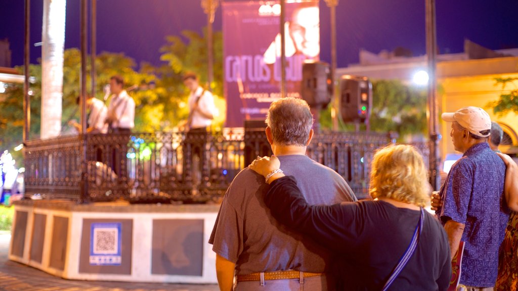 Plaza Machado showing night scenes and street performance as well as a couple