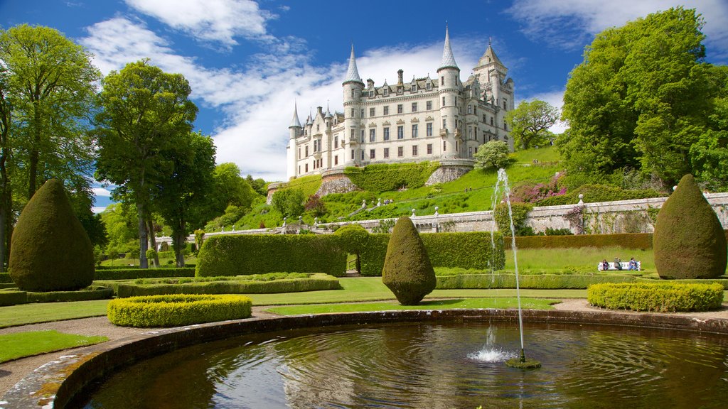 Castillo de Dunrobin ofreciendo una fuente, un jardín y un castillo