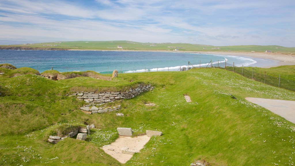 Skara Brae showing a beach, tranquil scenes and a bay or harbour