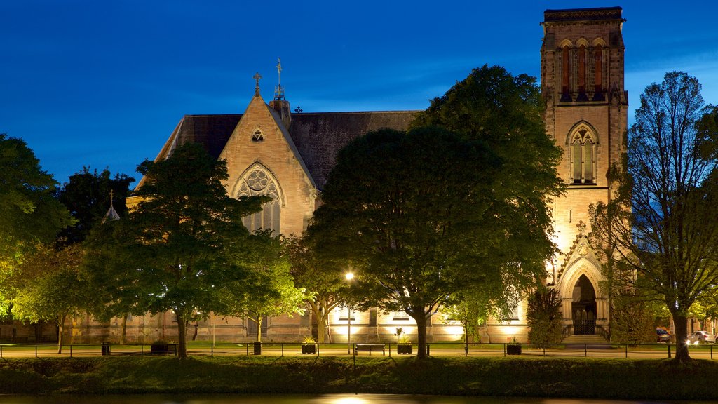 Inverness Cathedral showing heritage elements, night scenes and a church or cathedral