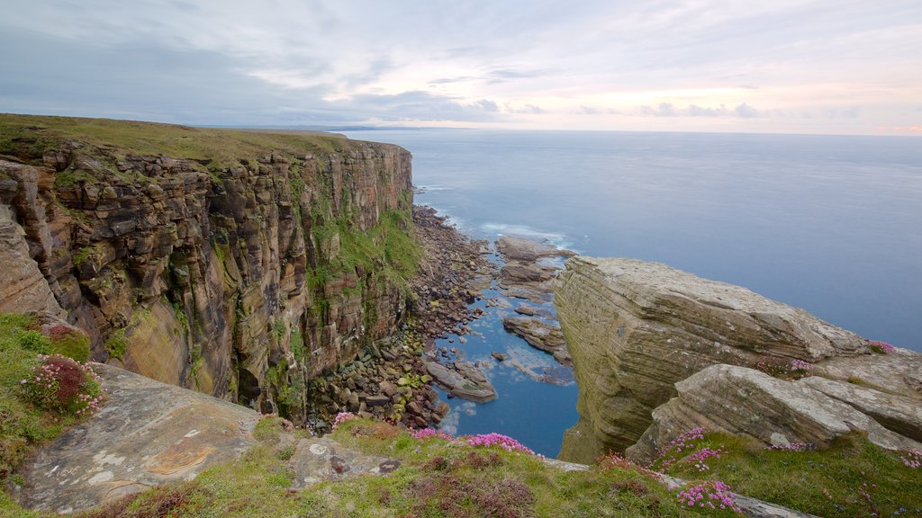 Dunnet Head Lighthouse which includes rugged coastline and tranquil scenes