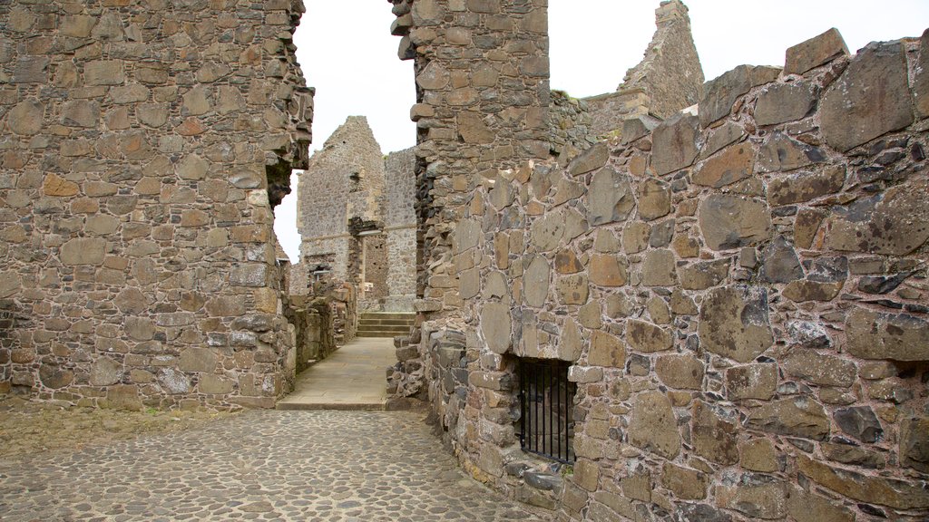 Dunluce Castle mostrando um pequeno castelo ou palácio, uma ruína e elementos de patrimônio