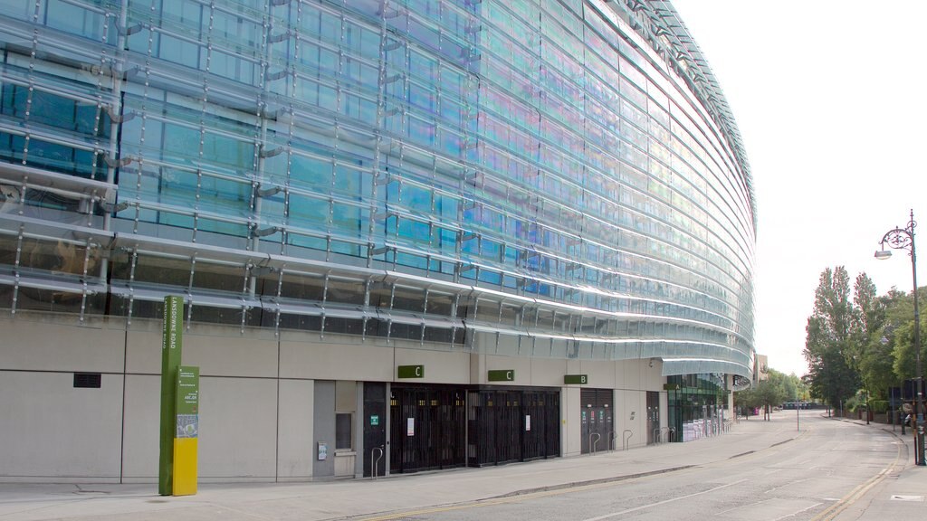 Aviva Stadium which includes street scenes and modern architecture