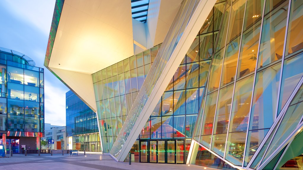 Bord Gais Energy Theatre featuring street scenes, a sunset and modern architecture