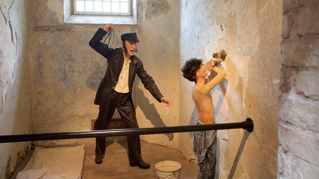 Cork City Gaol showing heritage elements, a statue or sculpture and interior views