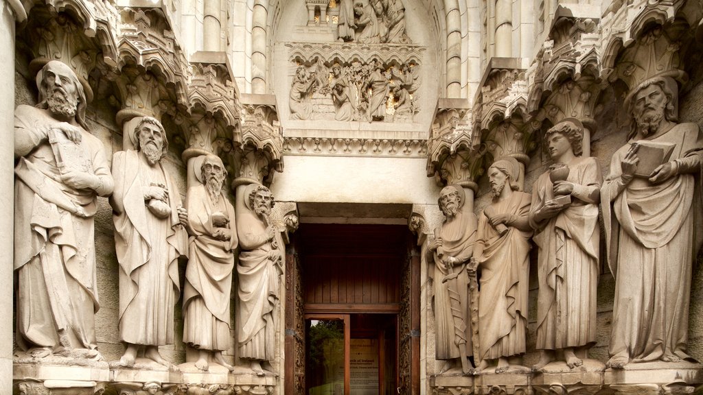 St Fin Barre\'s Cathedral que incluye una iglesia o catedral, una estatua o escultura y elementos del patrimonio