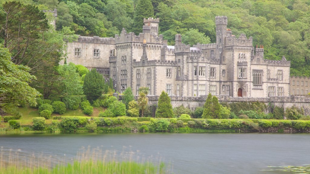 Kylemore Abbey featuring heritage elements, a river or creek and heritage architecture