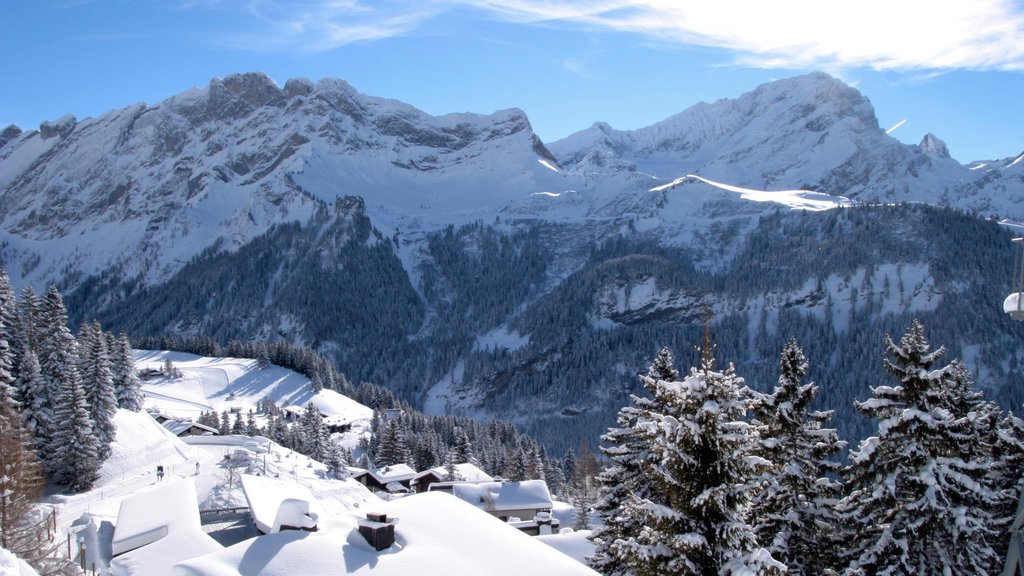 Villars mostrando nieve, montañas y bosques