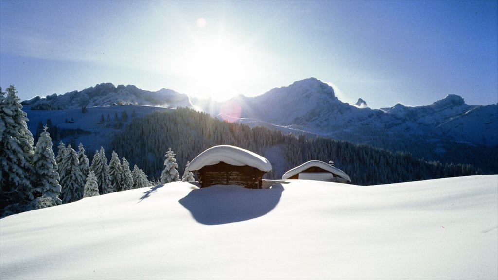 Villars showing a sunset, snow and mountains