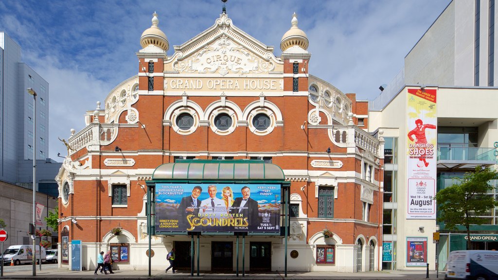 Grand Opera House which includes a city, heritage architecture and theatre scenes