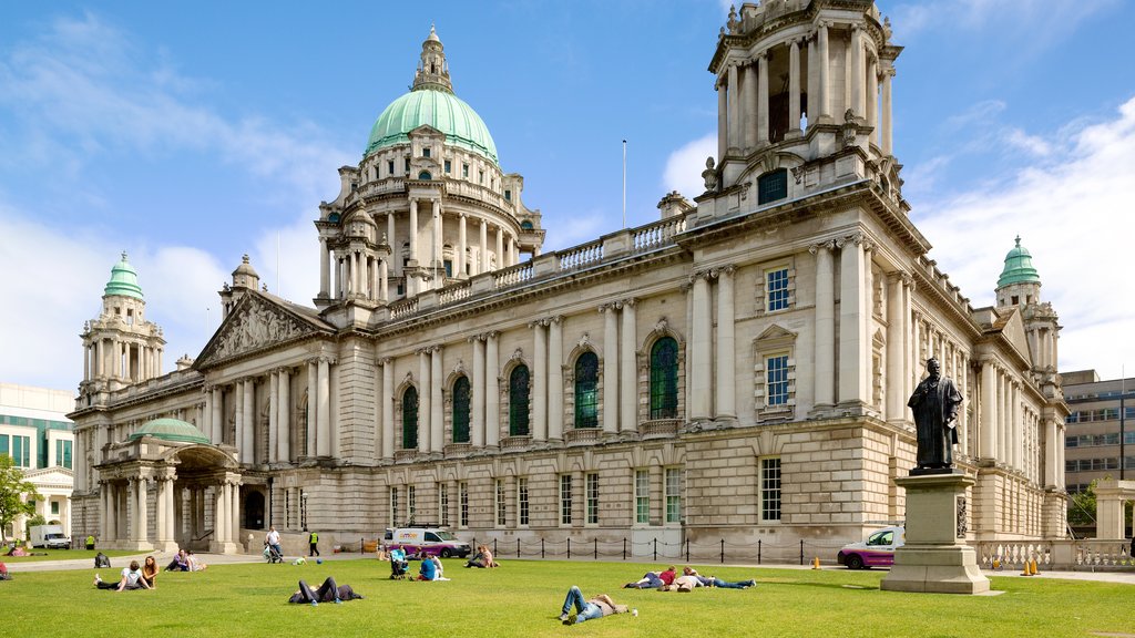 Belfast City Hall showing a statue or sculpture, a park and heritage elements