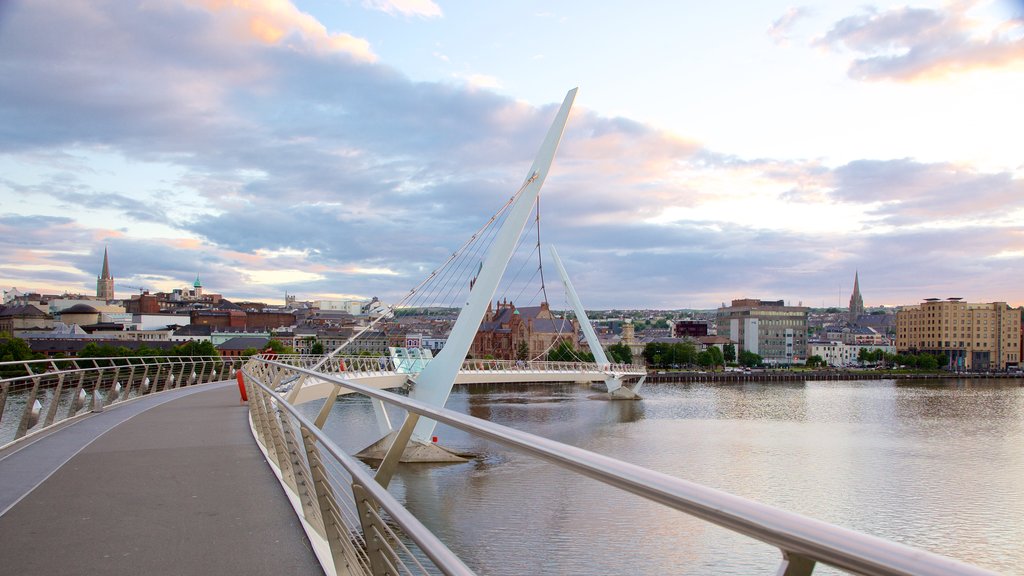 Peace Bridge bevat een rivier of beek, moderne architectuur en een stad