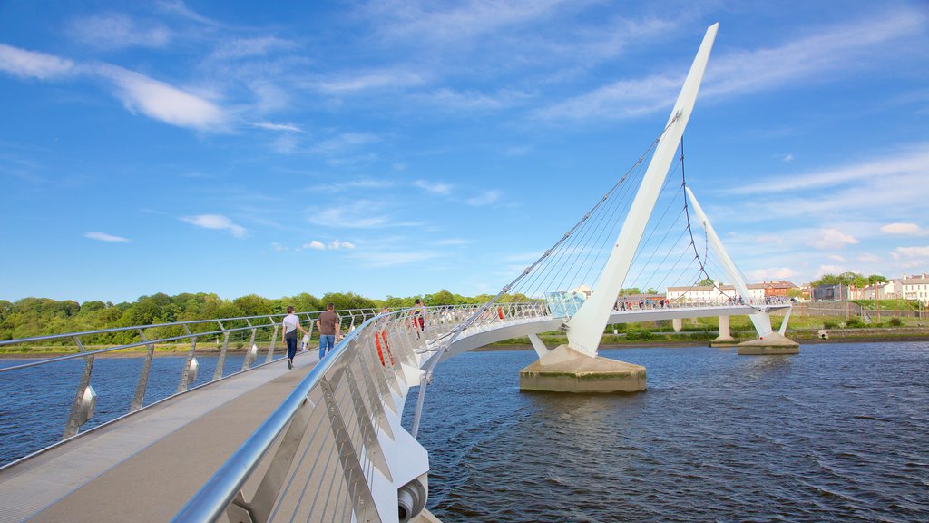 Peace Bridge som viser moderne arkitektur, en flod eller et vandløb og en bro