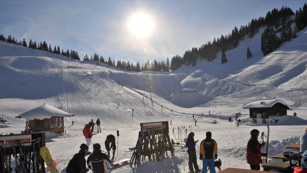 Spitzingsee which includes snow skiing and snow as well as a small group of people