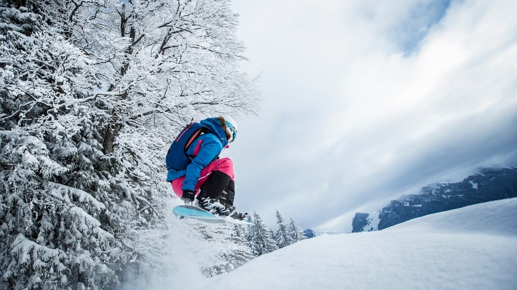 Spitzingsee mostrando snowboard y nieve y también una mujer